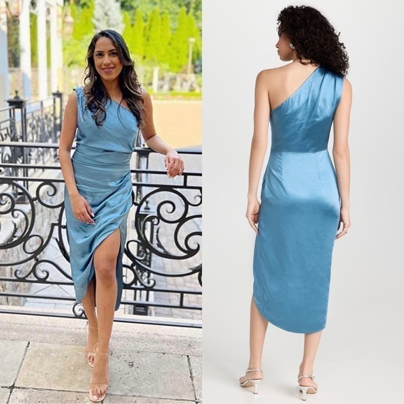 *NWT ELLIATT 70s Satin Sleeveless 1 Shoulder Ruched Faux Wrap Asymmetric Dress M - Picture 11 of 16